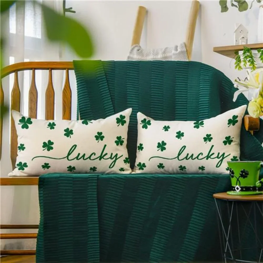 St Patricks Day Lucky Clover White Throw Pillow Cover, 12 x 20